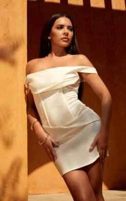White Linen Look Draped Bardot Corset Bodycon Dress