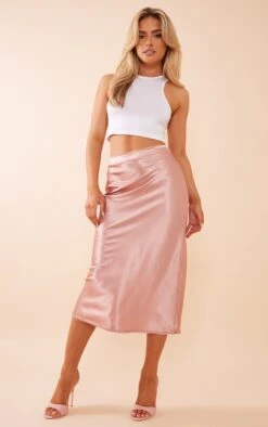 Dusty Pink Satin Bias Cut Midi Skirt