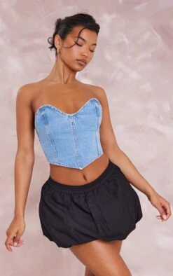 Black Linen Look Puffball Mini Skirt