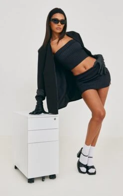 Black Pinstripe Stretch Woven Micro Mini Skirt