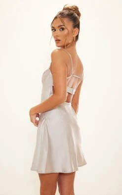 Silver Satin Underwired Back Strap Detail Shift Dress