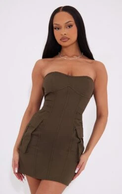 Dark Khaki Cargo Bandeau Binding Pocket Detail Bodycon Dress