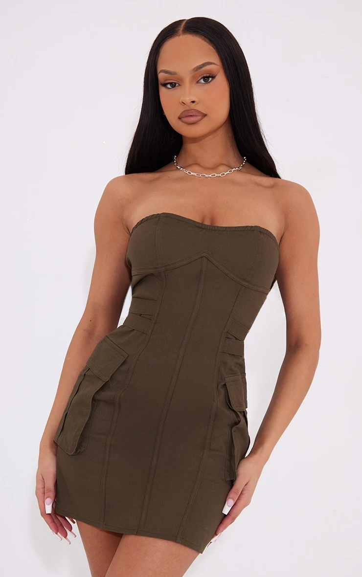 Dark Khaki Cargo Bandeau Binding Pocket Detail Bodycon Dress 3 Dark Khaki Cargo Bandeau Binding Pocket Detail Bodycon Dress