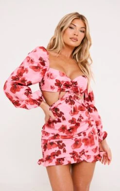 Pink Floral Ruched Cut Out Back Shift Dress