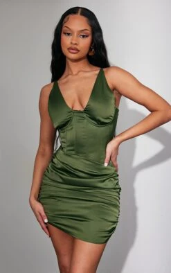 Khaki Satin Plunge Detail Ruched Skirt Bodycon Dress
