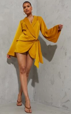 Chartreuse Extreme Plunge Tie Detail Shift Blazer Dress