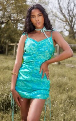 Green Floral Ruched Strappy Halterneck Bodycon Dress