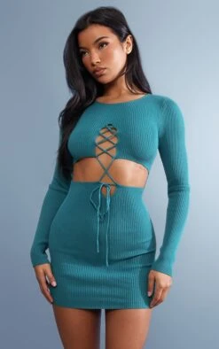 Emerald Green Rib Knit Lace Up Front Dress
