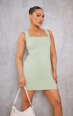 Sage Green Stretch Woven Square Neck Shift Dress