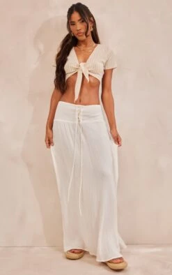 White Cheesecloth Tie Shirred Waist Floaty Maxi Skirt