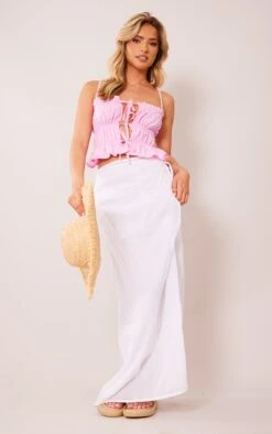 White Sheer Linen Look Wrap Over Maxi Skirt