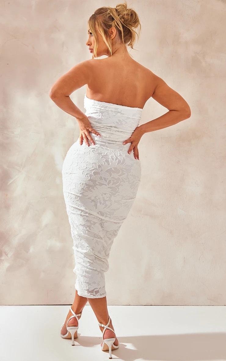 White Floral Textured Bandeau Ruched Side Maxi Dress 4 White Floral Textured Bandeau Ruched Side Maxi Dress - Image 2
