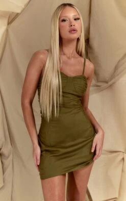 Khaki Linen Look Ruched Cup Detail Bodycon Dress