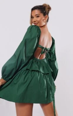 Forest Green Cotton Tie Back Tiered Long Sleeve Shift Dress