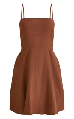 Chocolate Straight Neck Linen Look Ruched Back Detail Swing Dress -Cheap Glamarish Store f3d23800e9ea37957a791a8b26cad76bffc98452 cnd4049 5