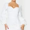 White Long Sleeve Sweetheart Neck Ruched Bodycon Dress