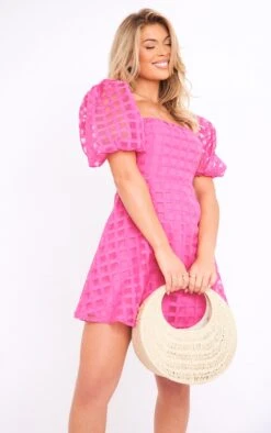 Hot Pink Oversized Gingham Puff Sleeve Shift Dress