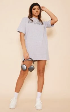 Grey Marl Athletic Sports Badge Slogan Short Sleeve T Shirt Dress