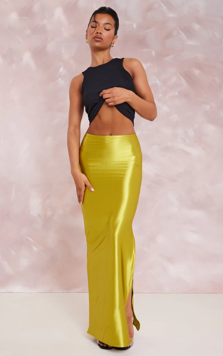 Olive Stretch Satin Split Side Maxi Skirt 3 Olive Stretch Satin Split Side Maxi Skirt