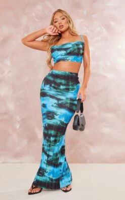 Blue Printed Plisse Maxi Skirt