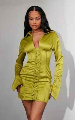 Olive Satin Underwired Eyelet Lace Up Detail Shirt Dress