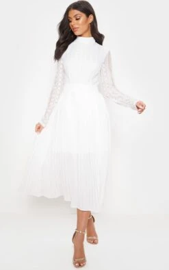 White Lace Top Pleated Midi Dress