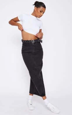 Washed Black Cut Out Buckle Waist Denim Midi Skirt