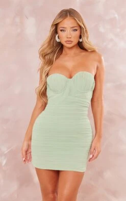 Sage Plisse Bandeau Underwired Drape Bodycon Dress